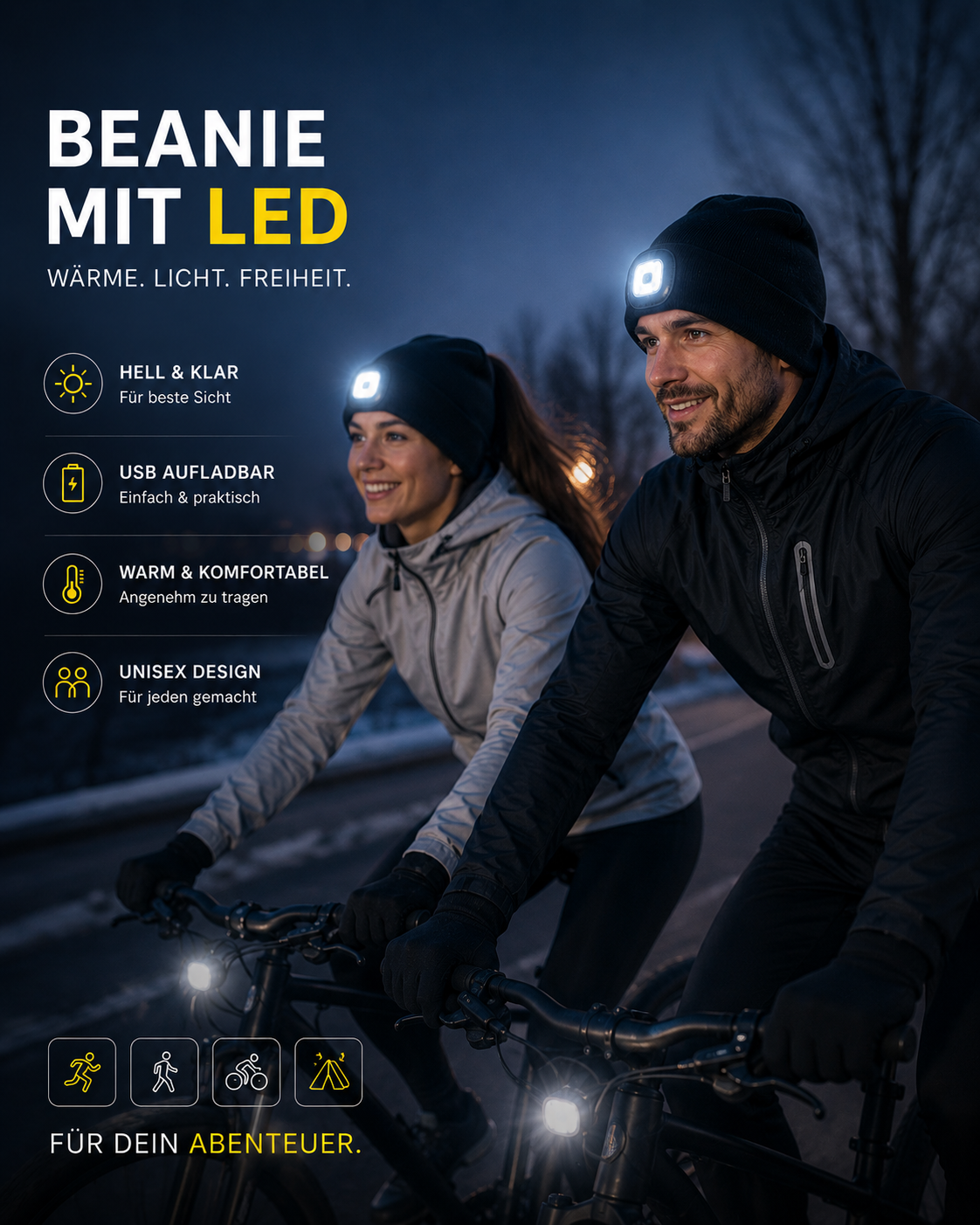 AROSA | LED Wintermütze mit USB-Aufladung Schwarz