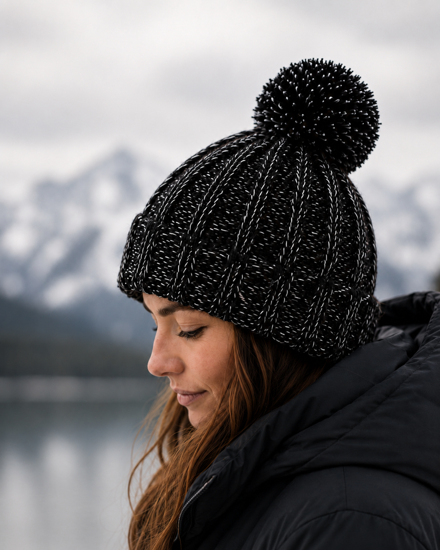 AROSA | Reflektierende Strickmütze mit Bommel Schwarz-Grau