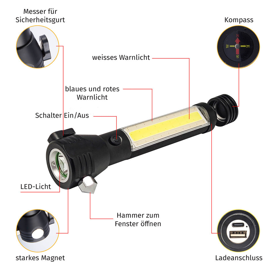 AROSA | LED Notfall Taschenlampe mit Sicherheitswerkzeug
