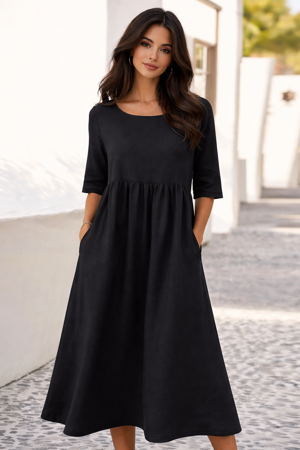 Charlotte - Baumwollkleid mit Rundhalsausschnitt und Taschen