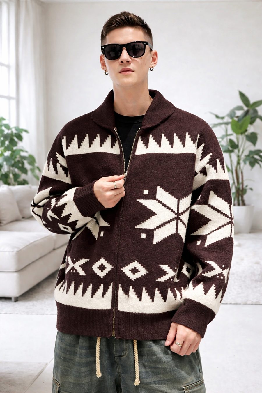 Jacquard | Zip-Up Gemütlicher Strickmantel
