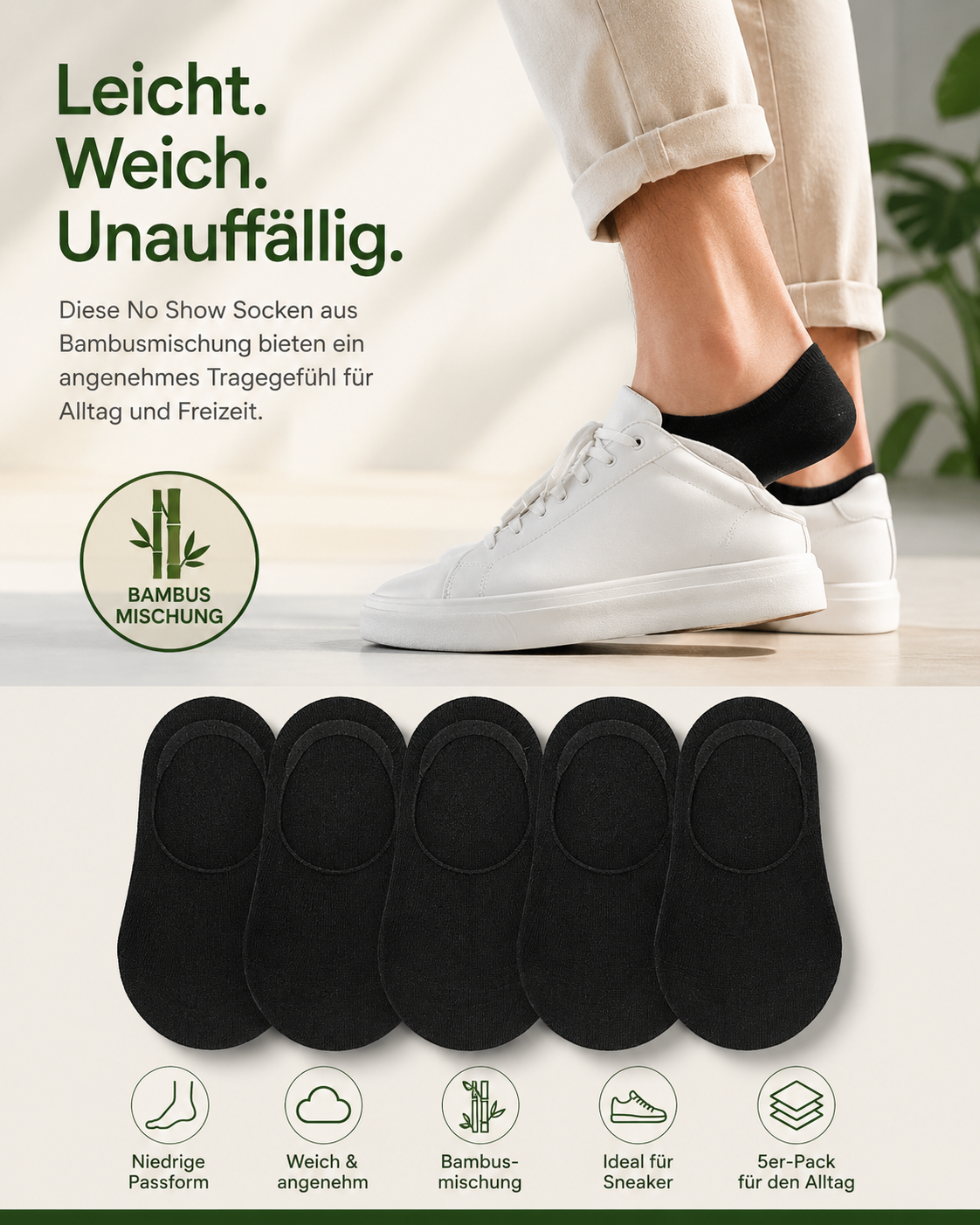AROSA | Bambus No Show Socken 5er-Pack