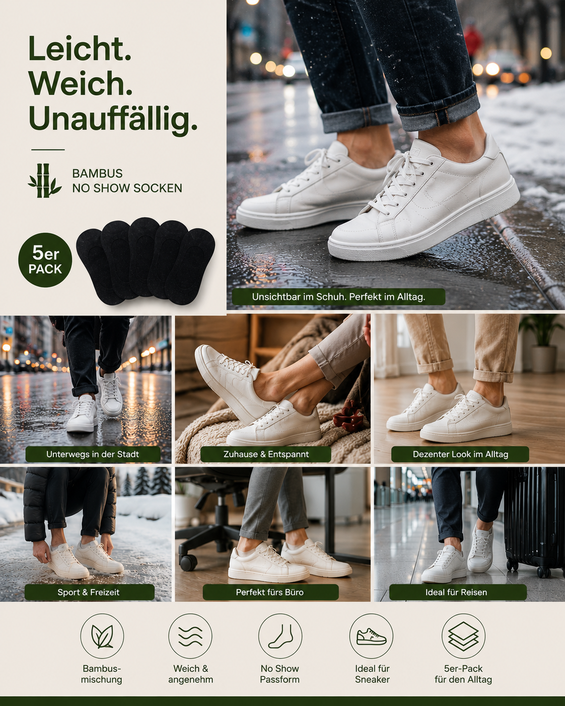 AROSA | Bambus No Show Socken 5er-Pack