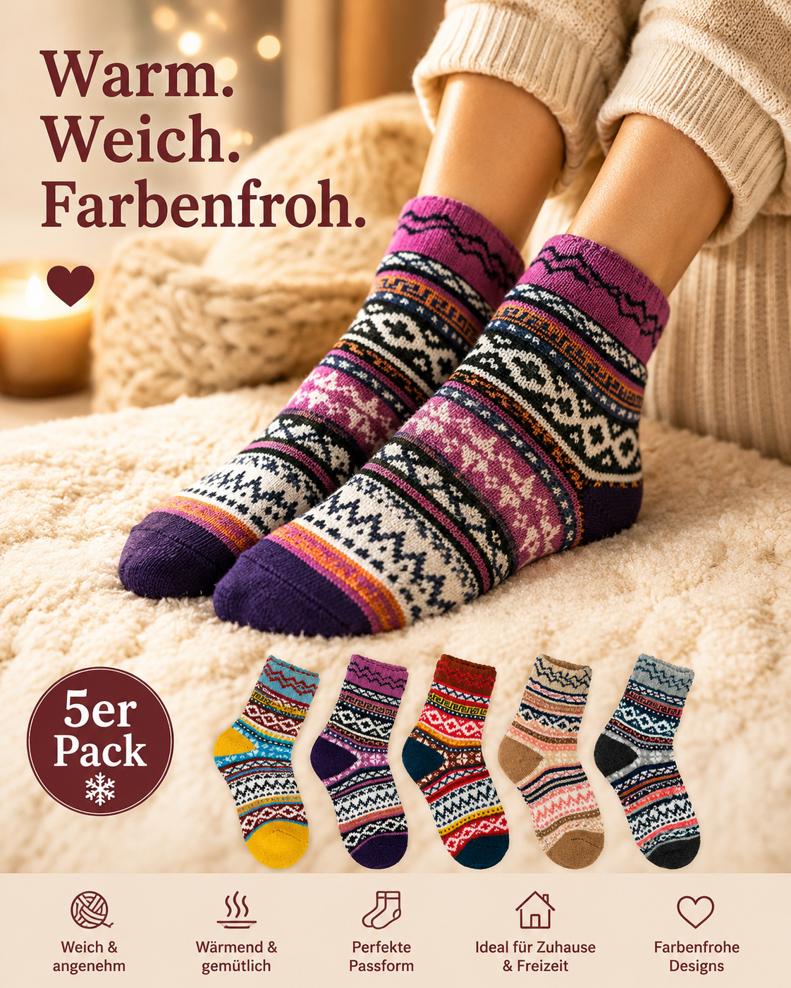 AROSA | Damen Norweger Socken 5er-Pack Bunt
