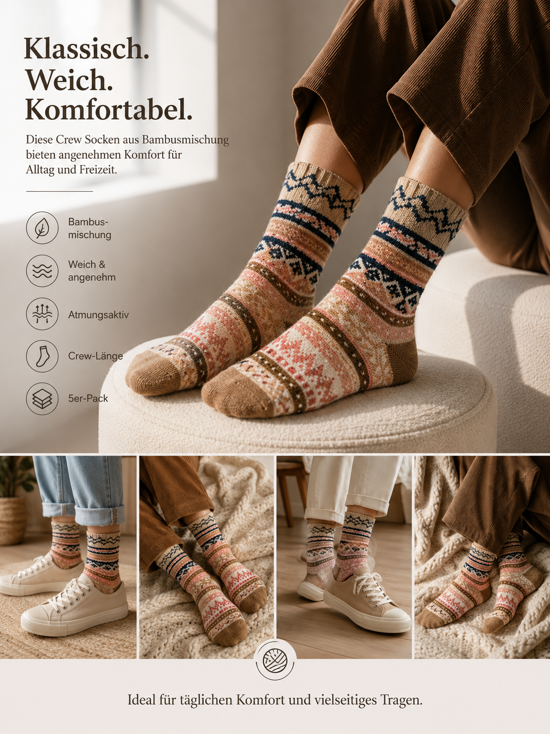 AROSA | Damen Norweger Socken 5er-Pack Bunt