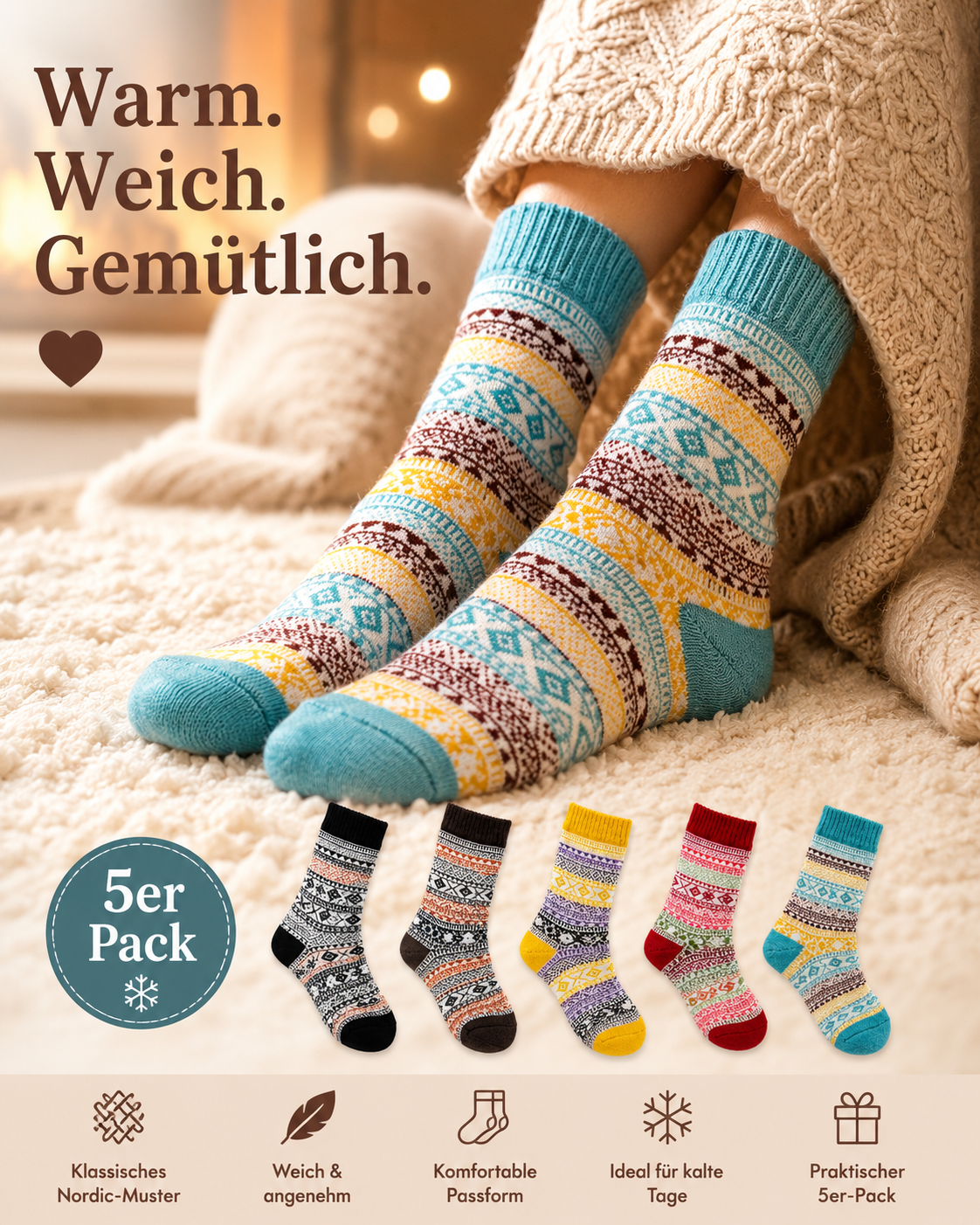 AROSA | Damen Wintersocken Nordic Muster 5er-Pack