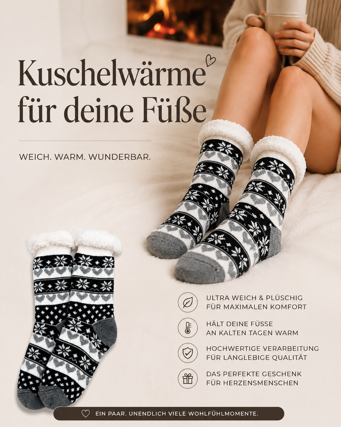AROSA | Damen Kuschelsocken Herzmuster Schwarz Weiß