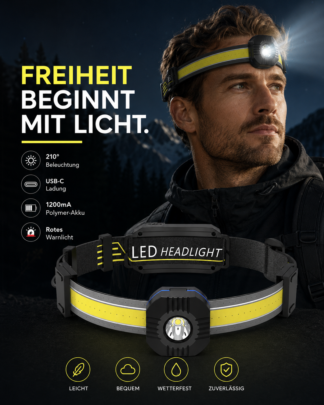 AROSA | LED Stirnlampe Wiederaufladbar