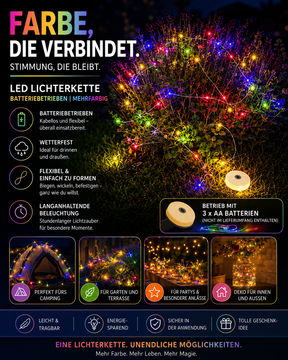 AROSA | LED Lichterkette Bunt Batteriebetrieben