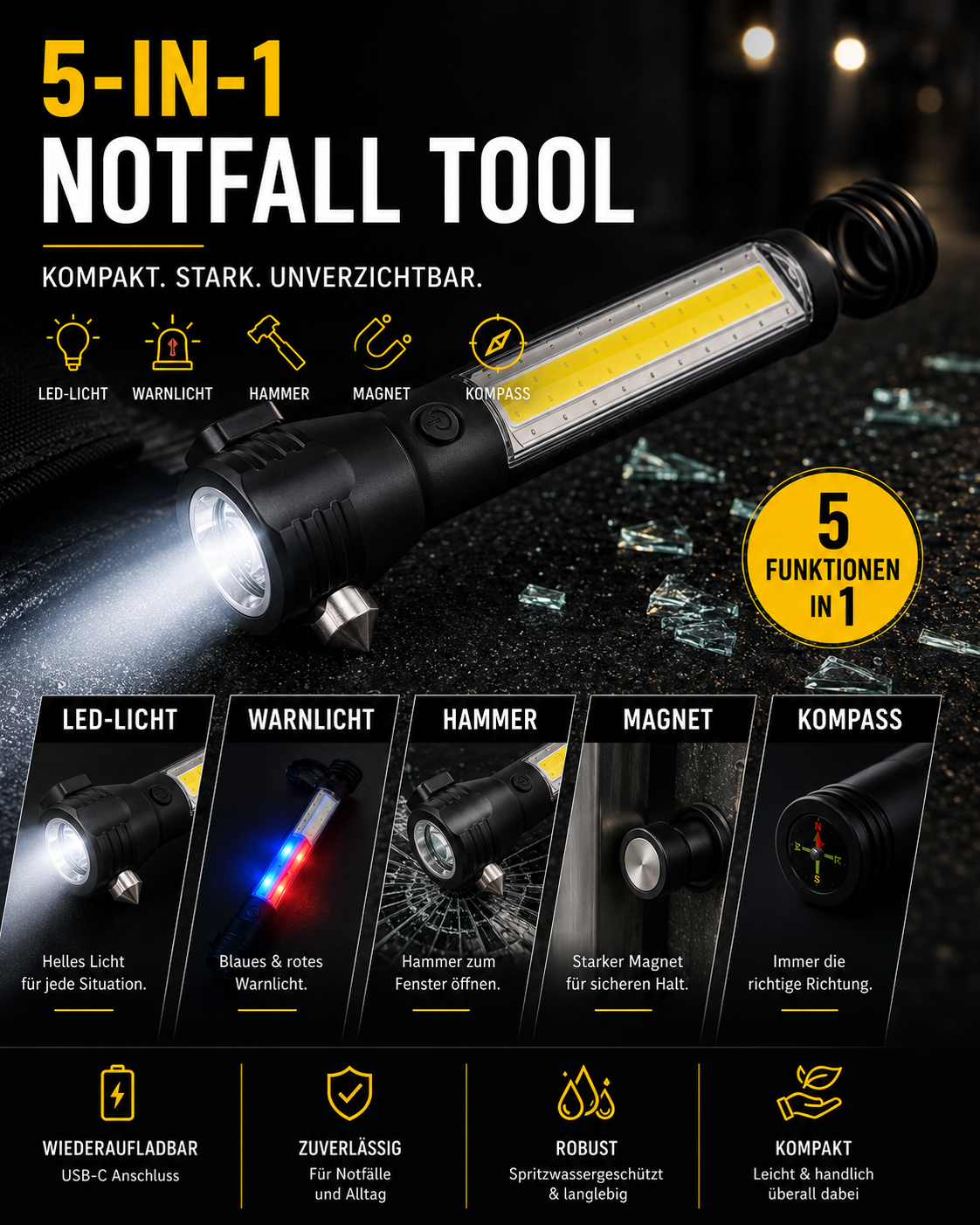 AROSA | LED Notfall Taschenlampe mit Sicherheitswerkzeug