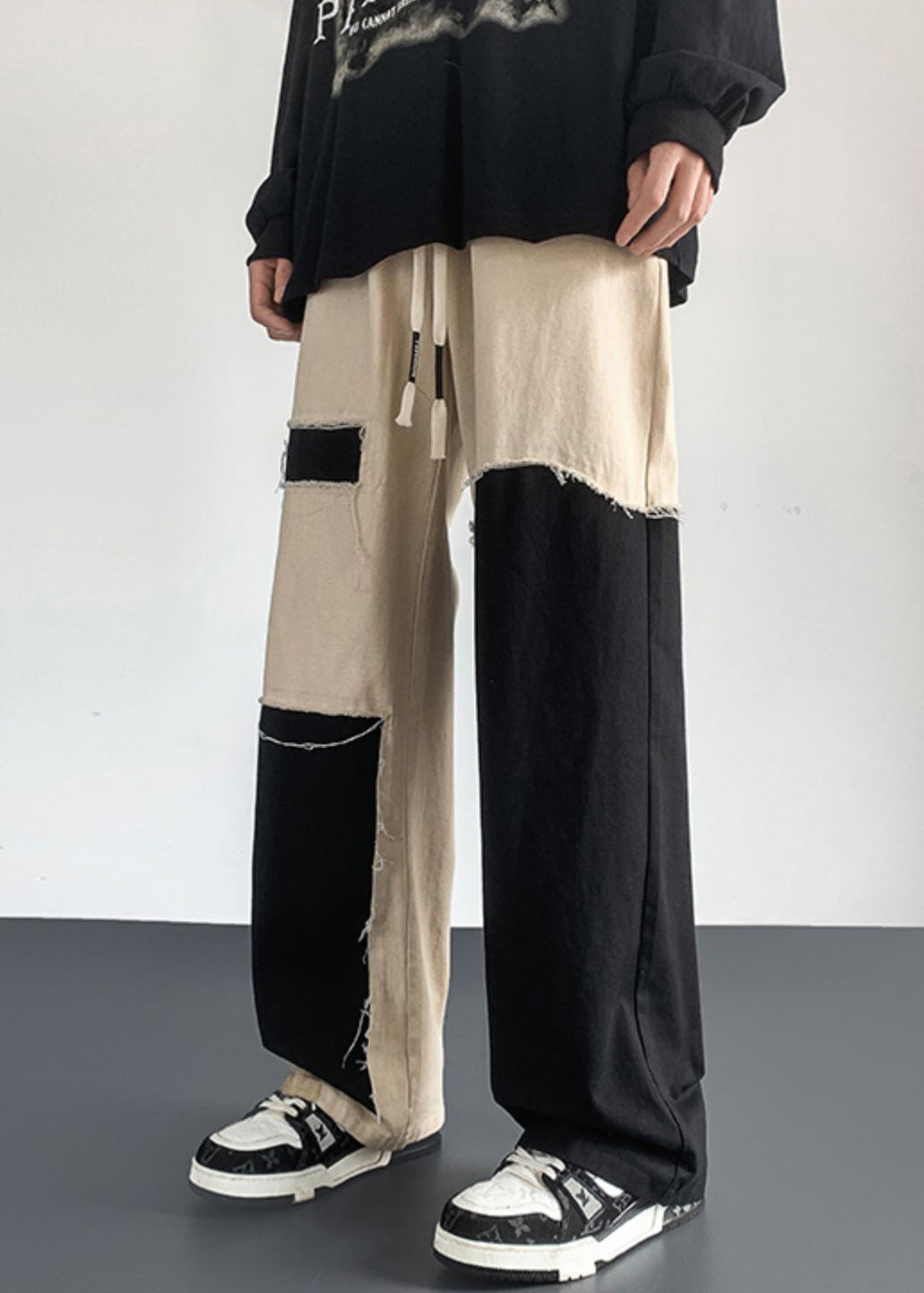 THADD Asymetryczne Spodnie Patchwork DIY - Designerskie Spodnie z Szeroką Nogawką i Kolorowymi Łatami