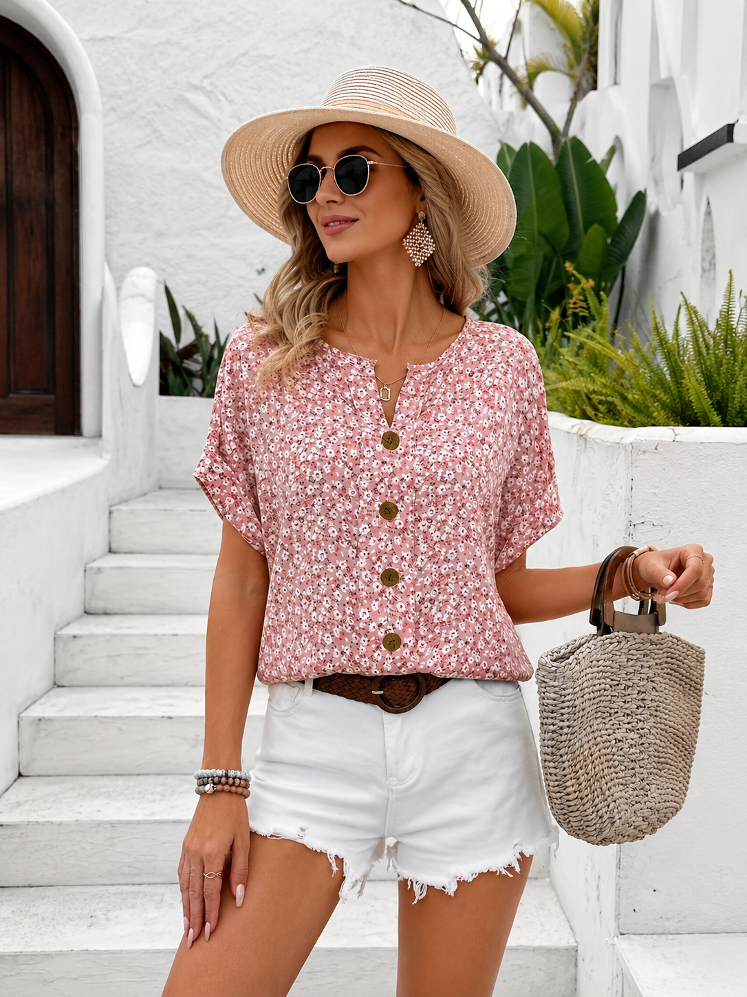 Engel | Bluse mit floralem Druck und kurzen Puffärmeln