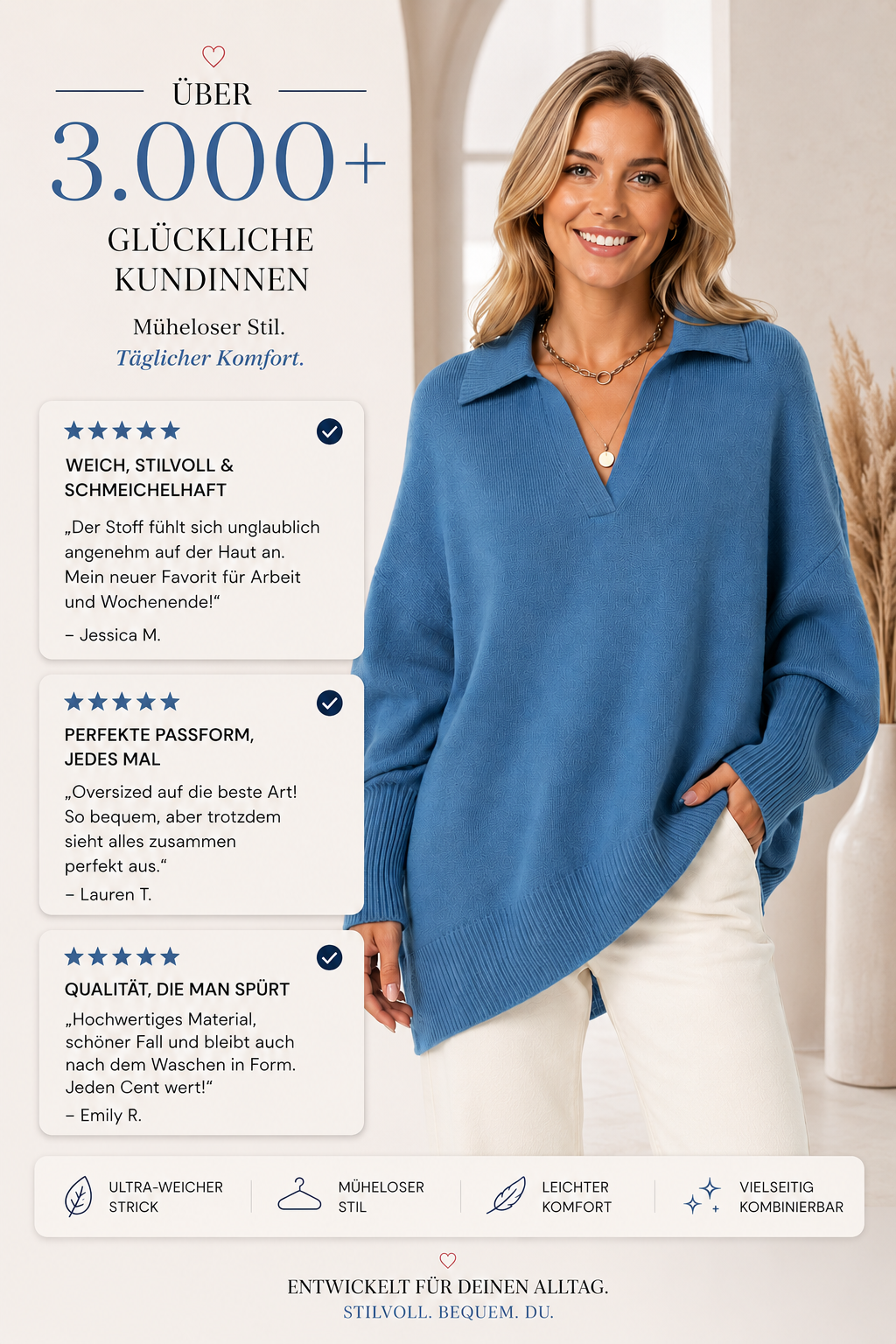LUNEVIA™ Lockerer Strick-Poncho Pullover | Oversized Damen Crew Neck Sweater