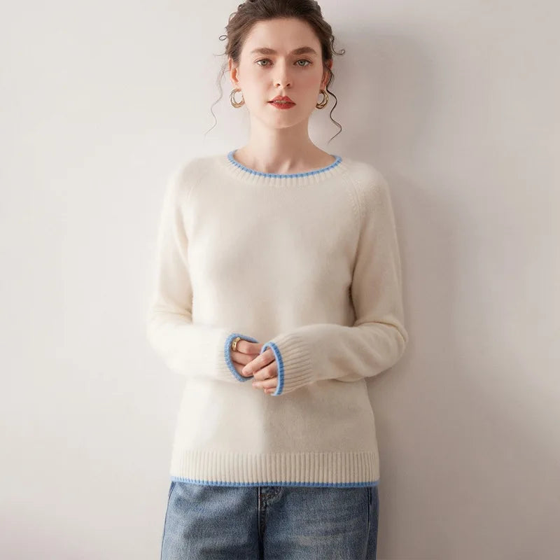 Damen Wollpullover mit Rundhalsausschnitt – Grobstrick & Farbkontrast für Herbst und Winter