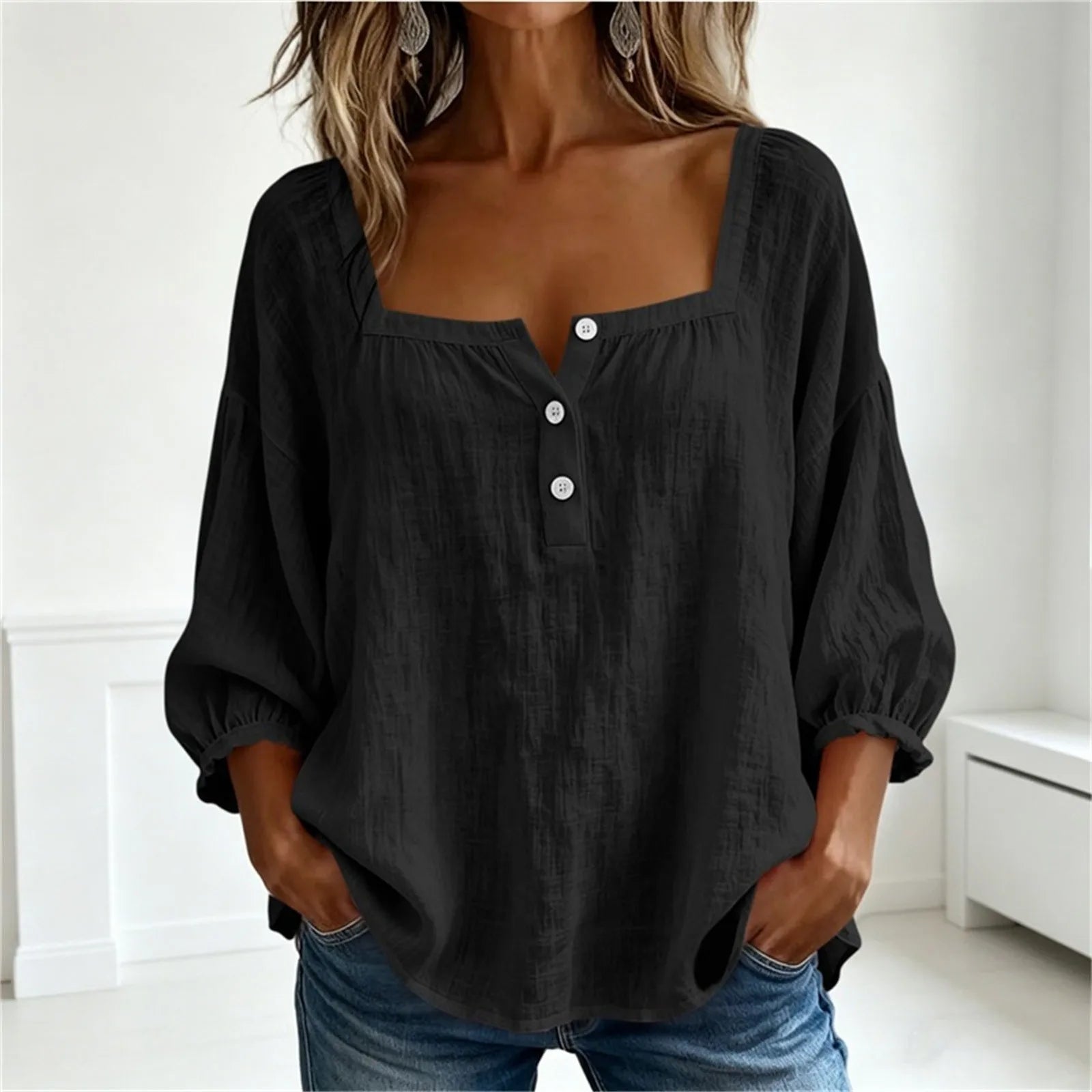 AROSA | Damen Plus Size Baumwoll-Leinen Bluse mit 3/4-Ärmeln