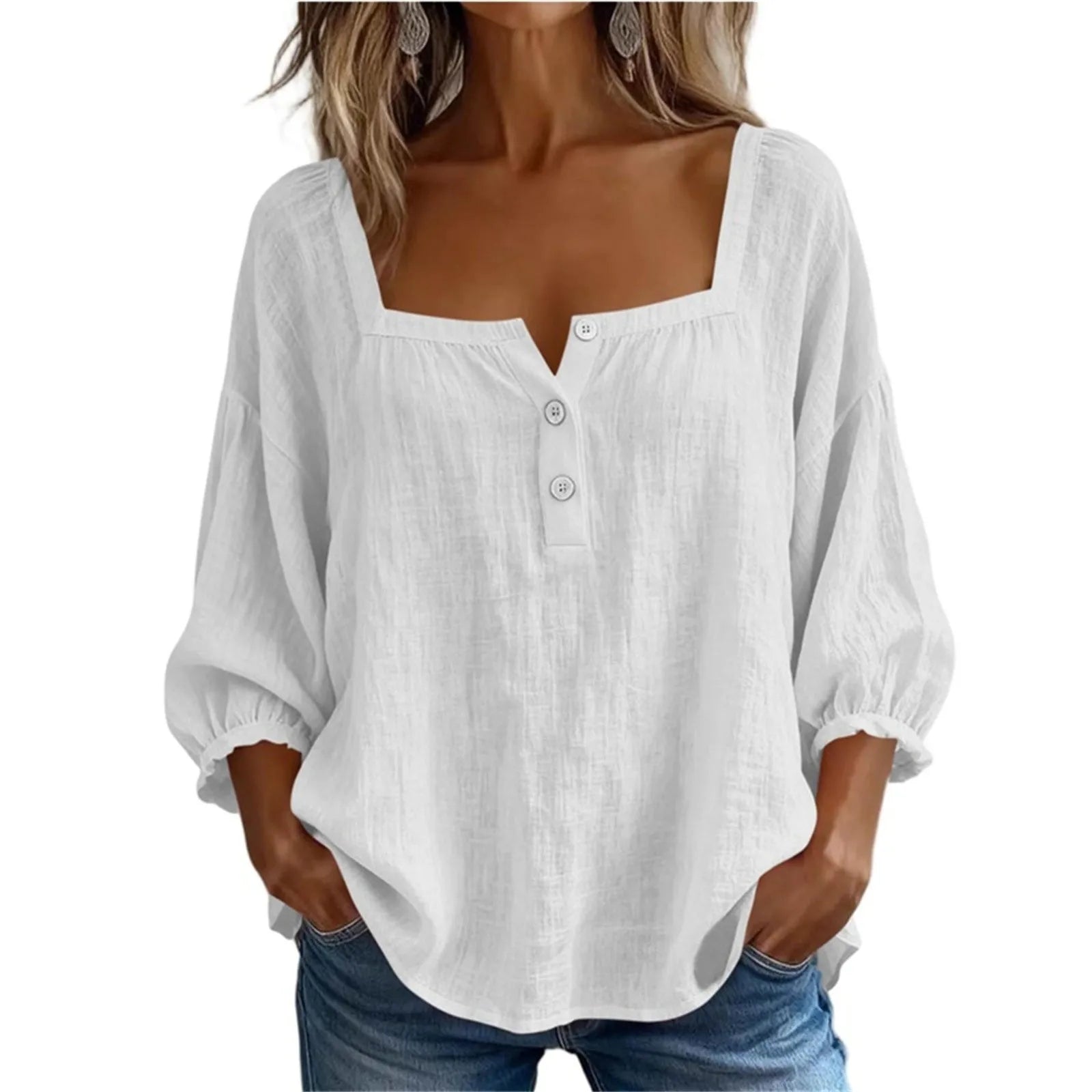 AROSA | Damen Plus Size Baumwoll-Leinen Bluse mit 3/4-Ärmeln