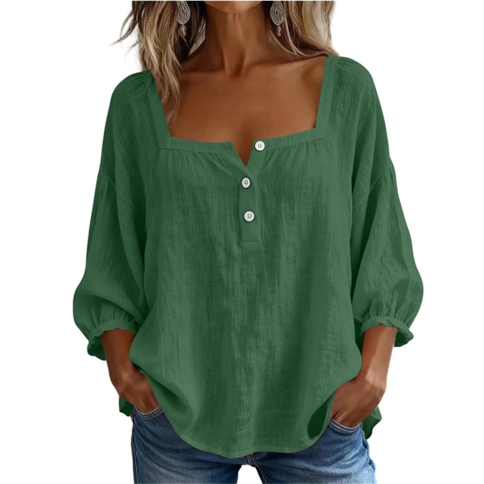 AROSA | Damen Plus Size Baumwoll-Leinen Bluse mit 3/4-Ärmeln