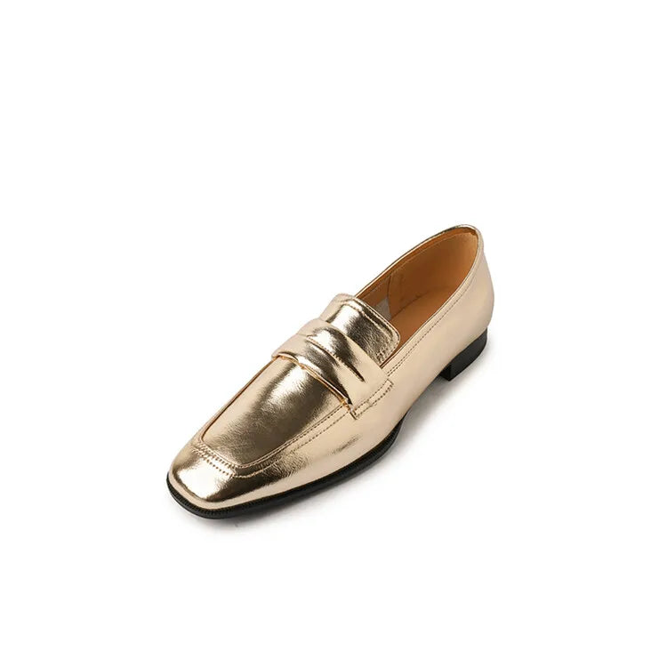 Olive | Echtes Leder Damen Flachschuh Loafer Gold Silber Quadratzehe
