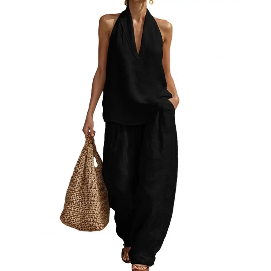 Oriana | Leinen Set mit V-Ausschnitt Top und Hose