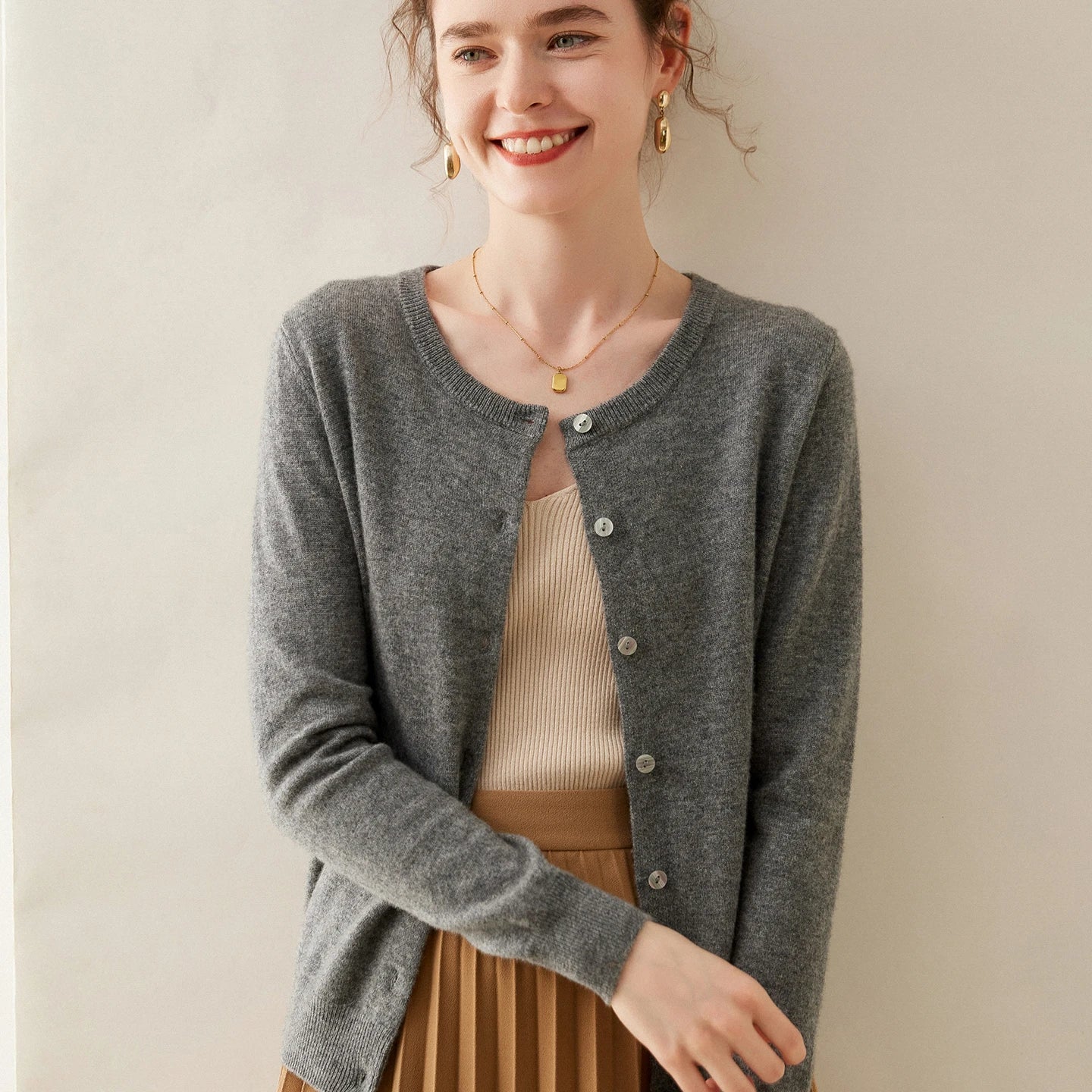 Damen Kaschmir Cardigan – Herbst, Lockere Passform & Runder Ausschnitt