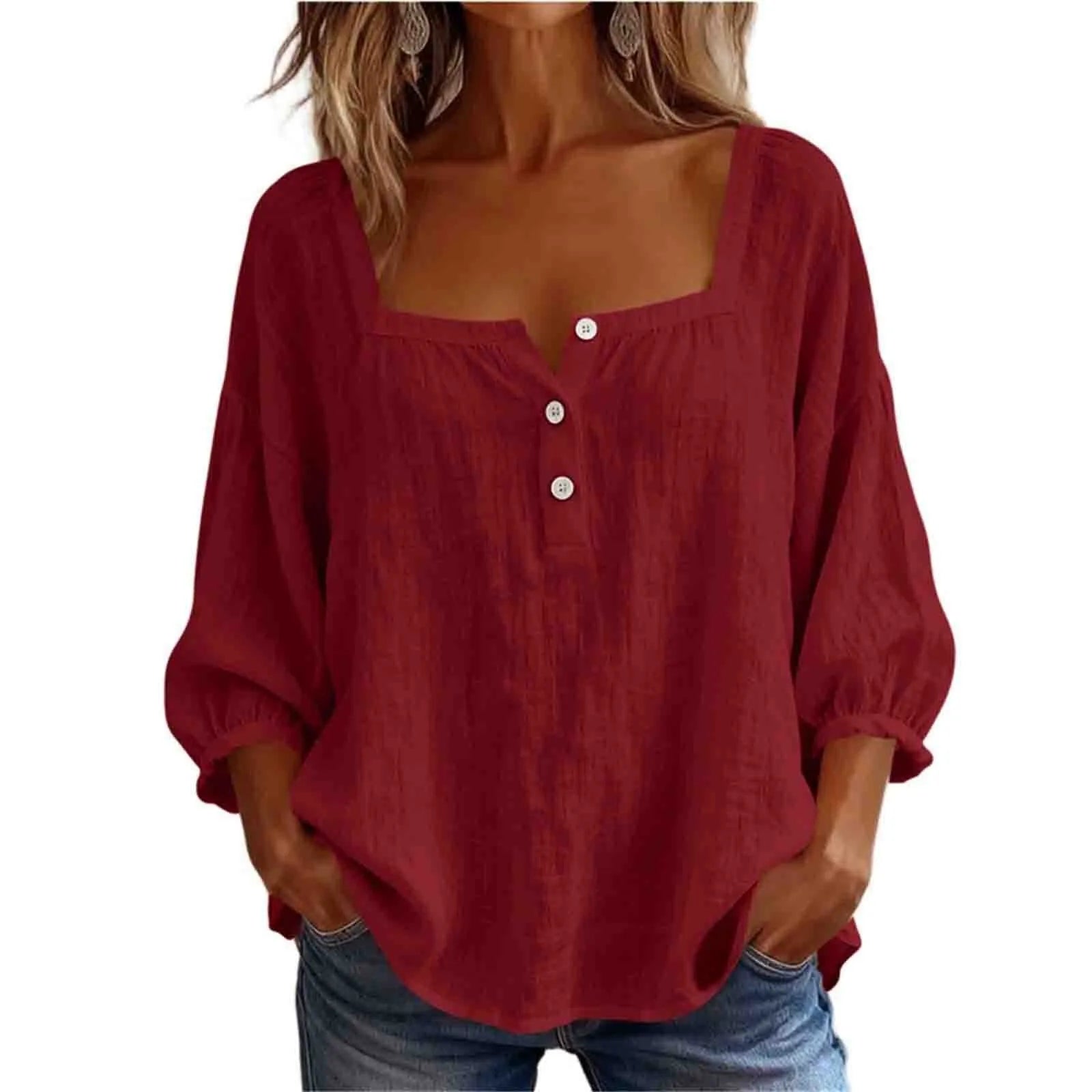 AROSA | Damen Plus Size Baumwoll-Leinen Bluse mit 3/4-Ärmeln