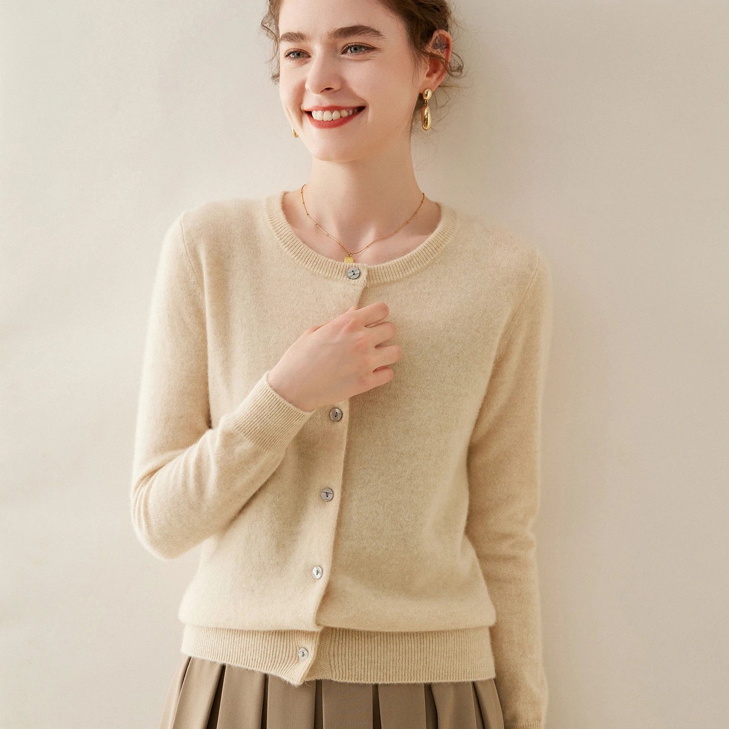 Damen Kaschmir Cardigan – Herbst, Lockere Passform & Runder Ausschnitt