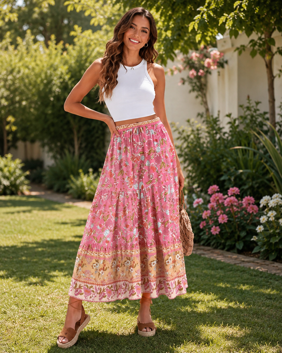Rin | Vintage Rosa Boho-Maxikleid