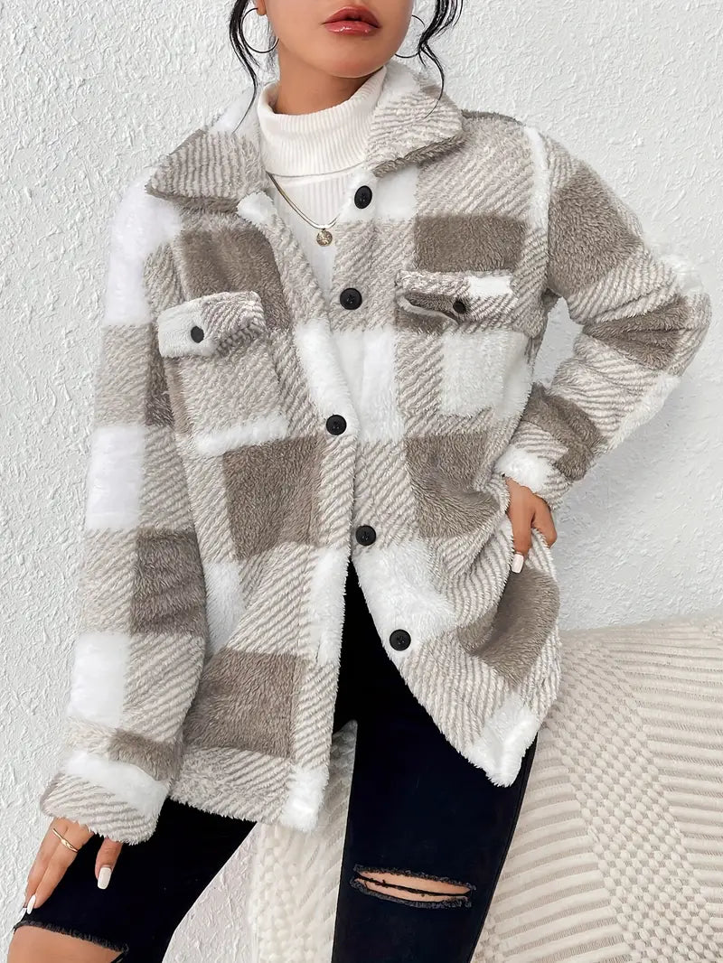 SANDRA - Plaid-Muster Knopf-Front Jacke