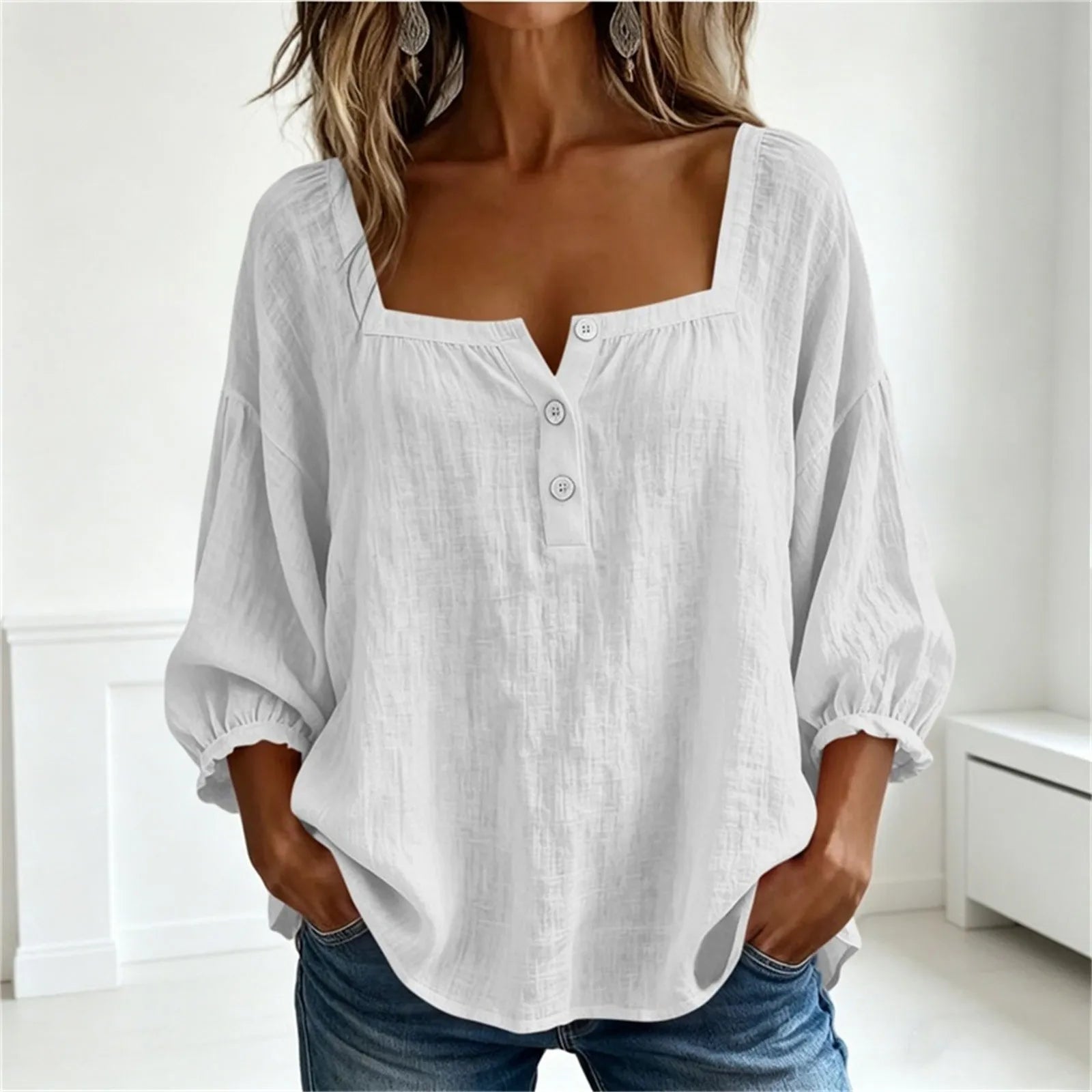 AROSA | Damen Plus Size Baumwoll-Leinen Bluse mit 3/4-Ärmeln