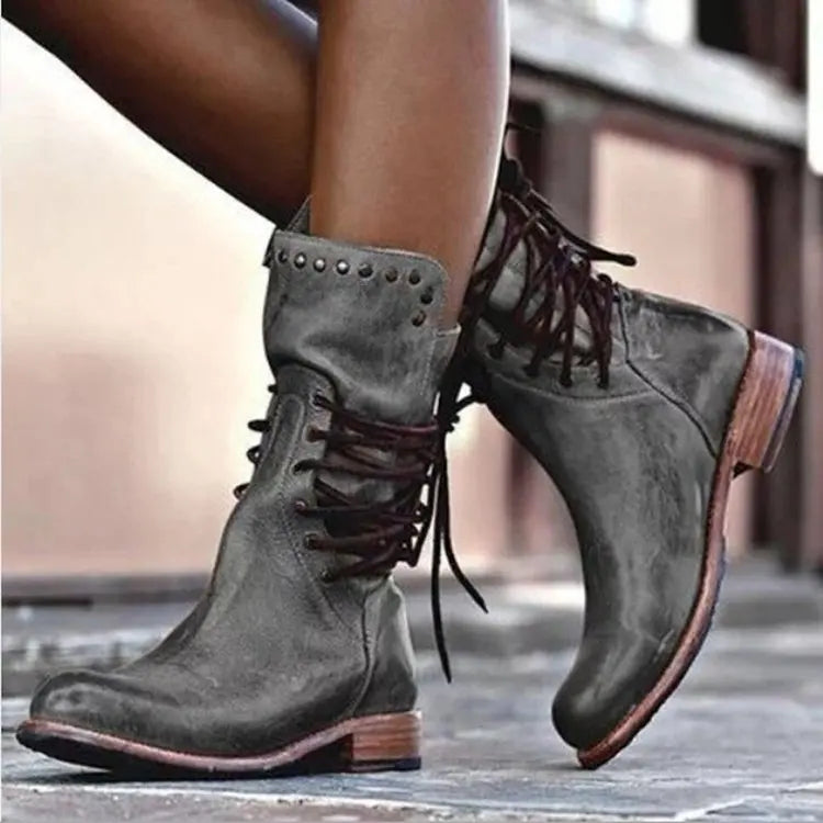 Girdie | Chuny Heel Rivet Vintage Mode Lässige Designer Stiefel bis zur Wade