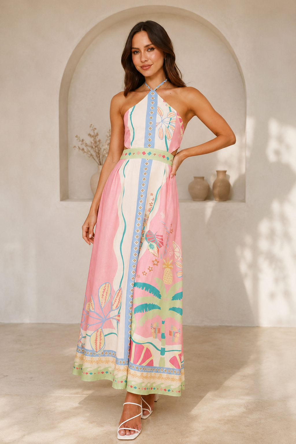 Tropisches Halter-Maxikleid - Rosa & Pastell Resort-Mode