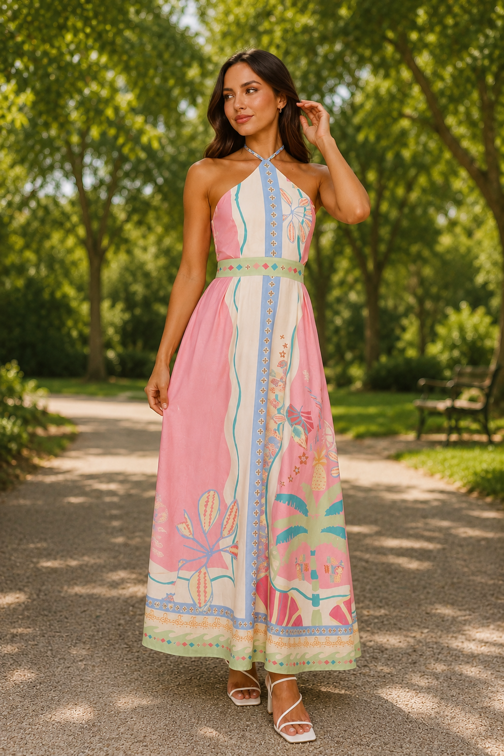 Tropisches Halter-Maxikleid - Rosa & Pastell Resort-Mode