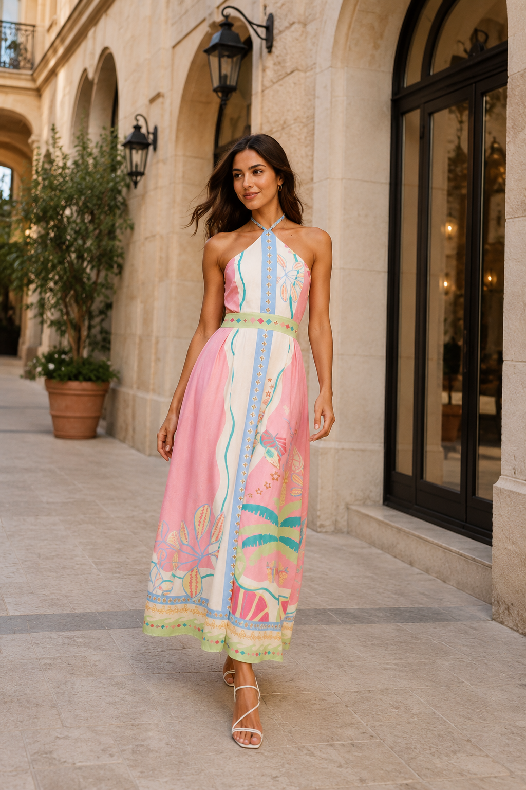 Tropisches Halter-Maxikleid - Rosa & Pastell Resort-Mode