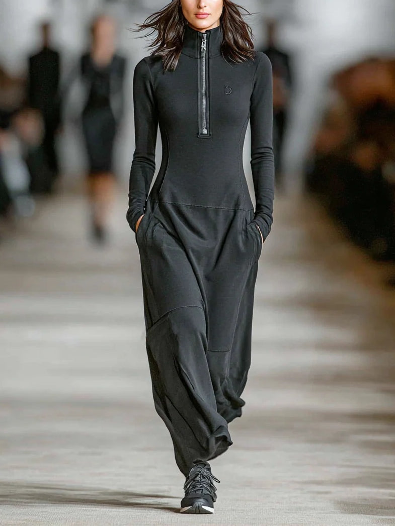 Odette | Schwarzes Turtleneck Zip-up Lässig Maxikleid