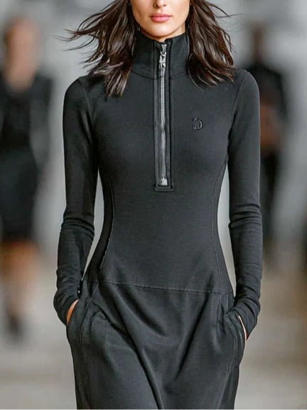Odette | Schwarzes Turtleneck Zip-up Lässig Maxikleid