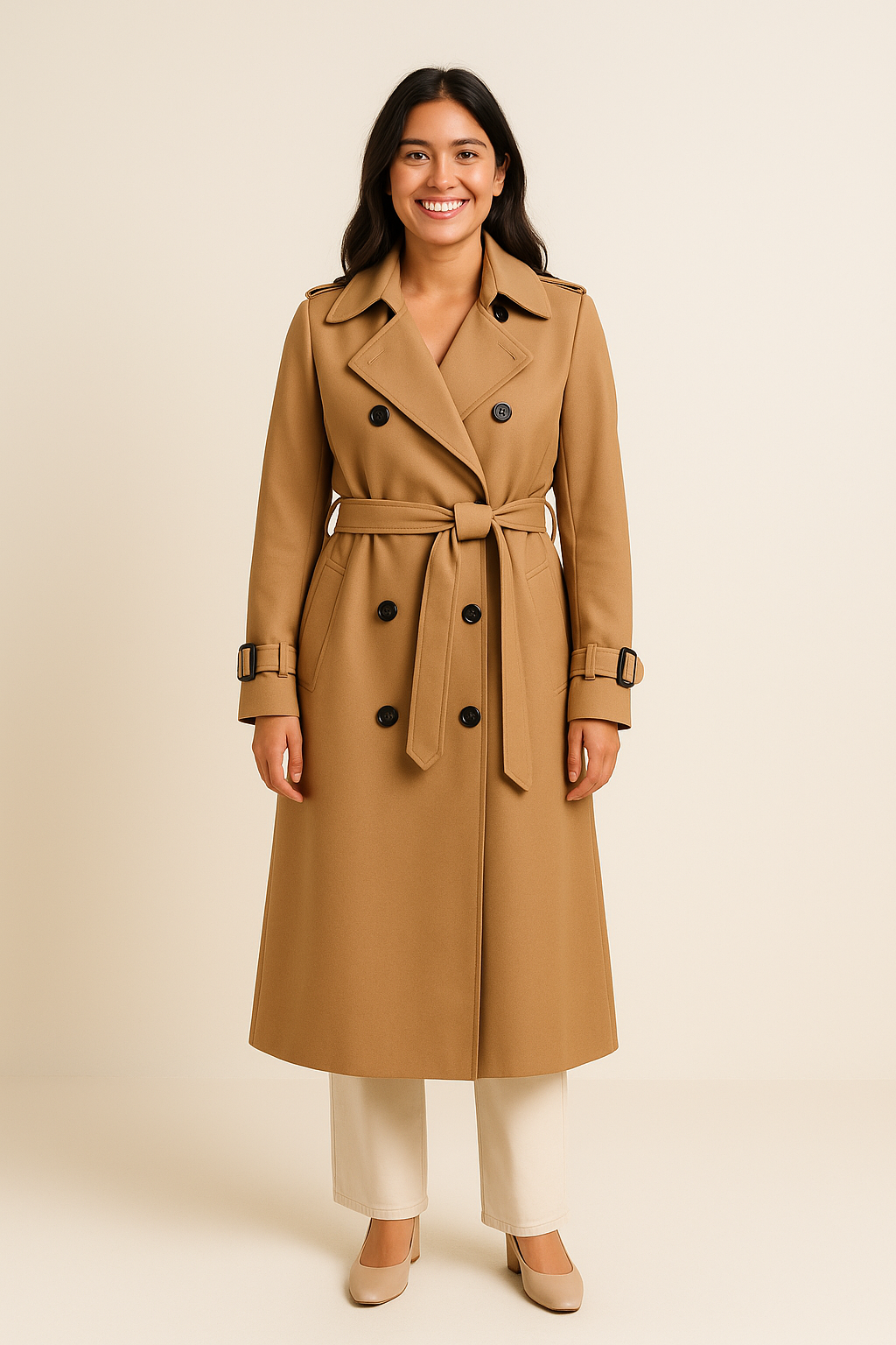 AROSA | Eleganter Damen Trenchcoat lang mit Bindegürtel und Knopfleiste