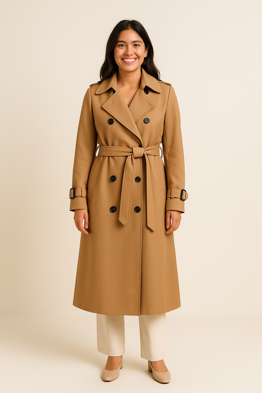 AROSA | Eleganter Damen Trenchcoat lang mit Bindegürtel und Knopfleiste