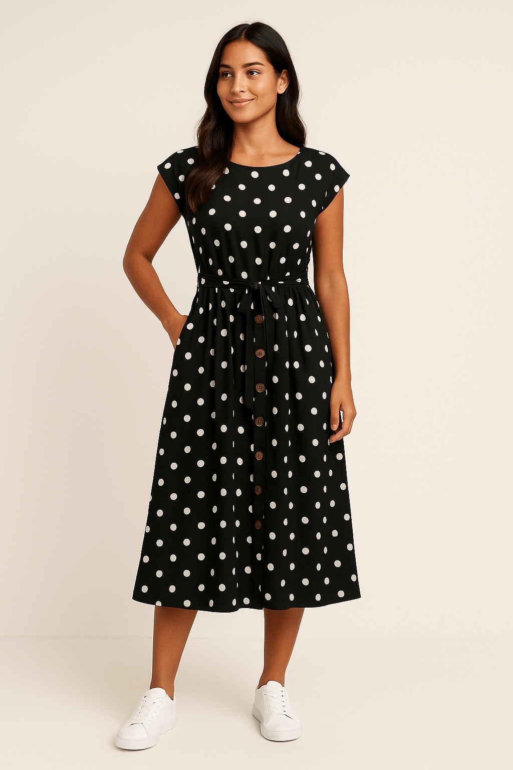 AROSA | Damen Midikleid mit Punktemuster und Bindegürtel