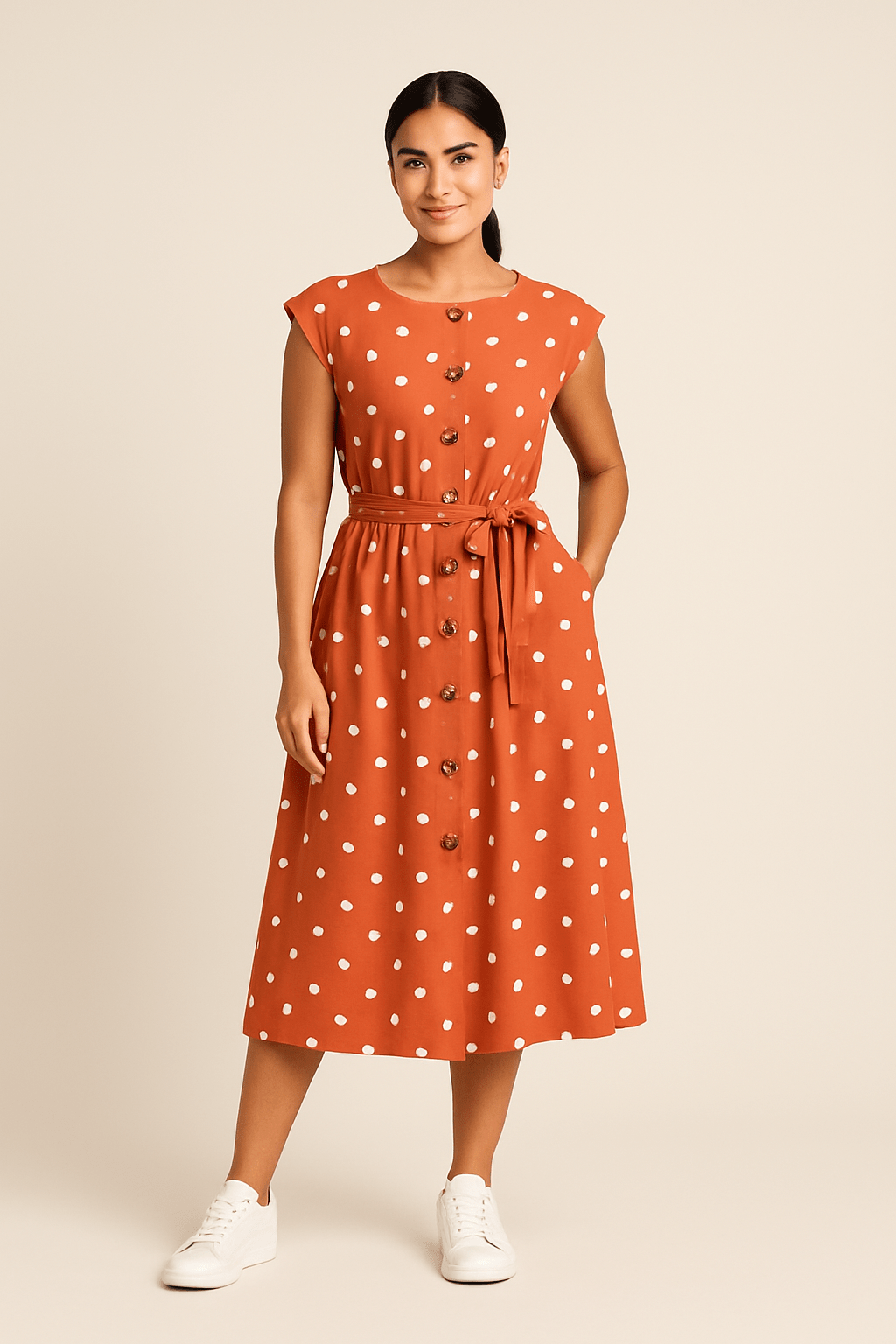 AROSA | Damen Midikleid mit Punktemuster und Bindegürtel