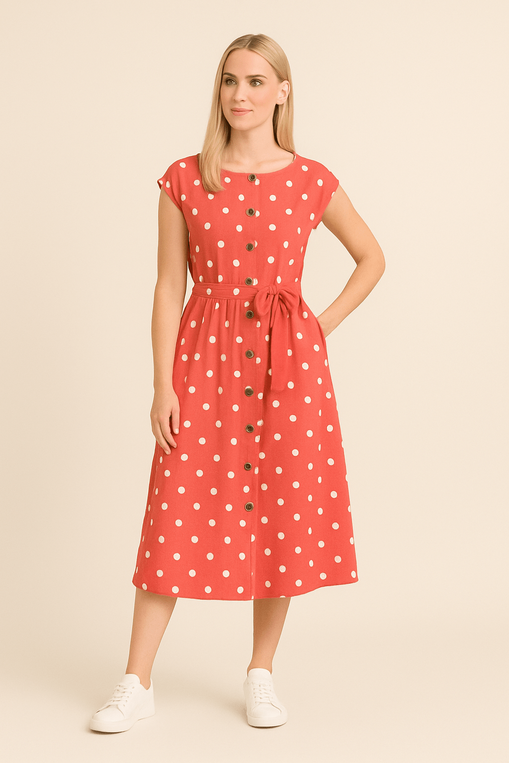AROSA | Damen Midikleid mit Punktemuster und Bindegürtel