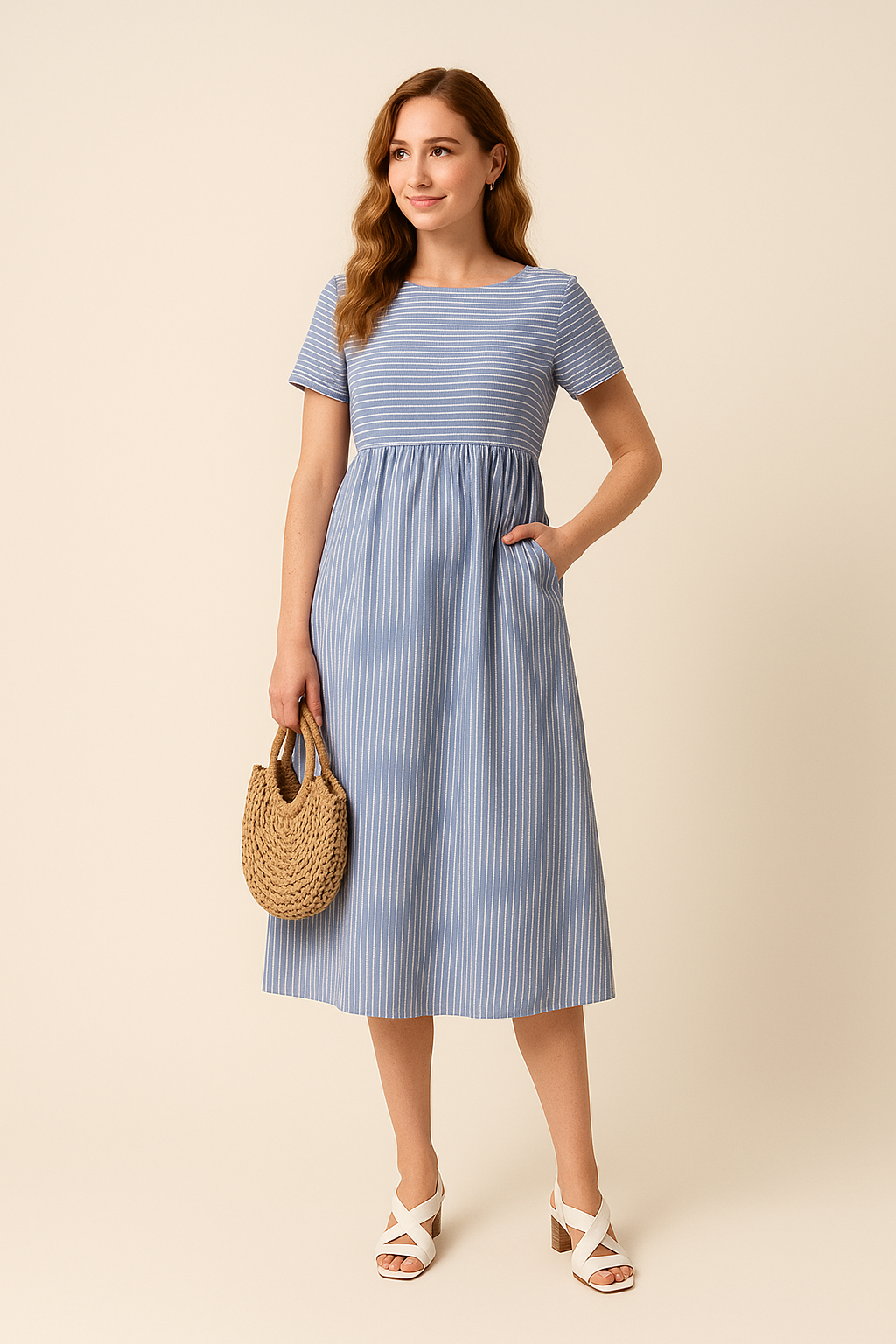 AROSA| Sommerliches Damen Midikleid in Baumwolloptik mit schulterfreiem Schnitt