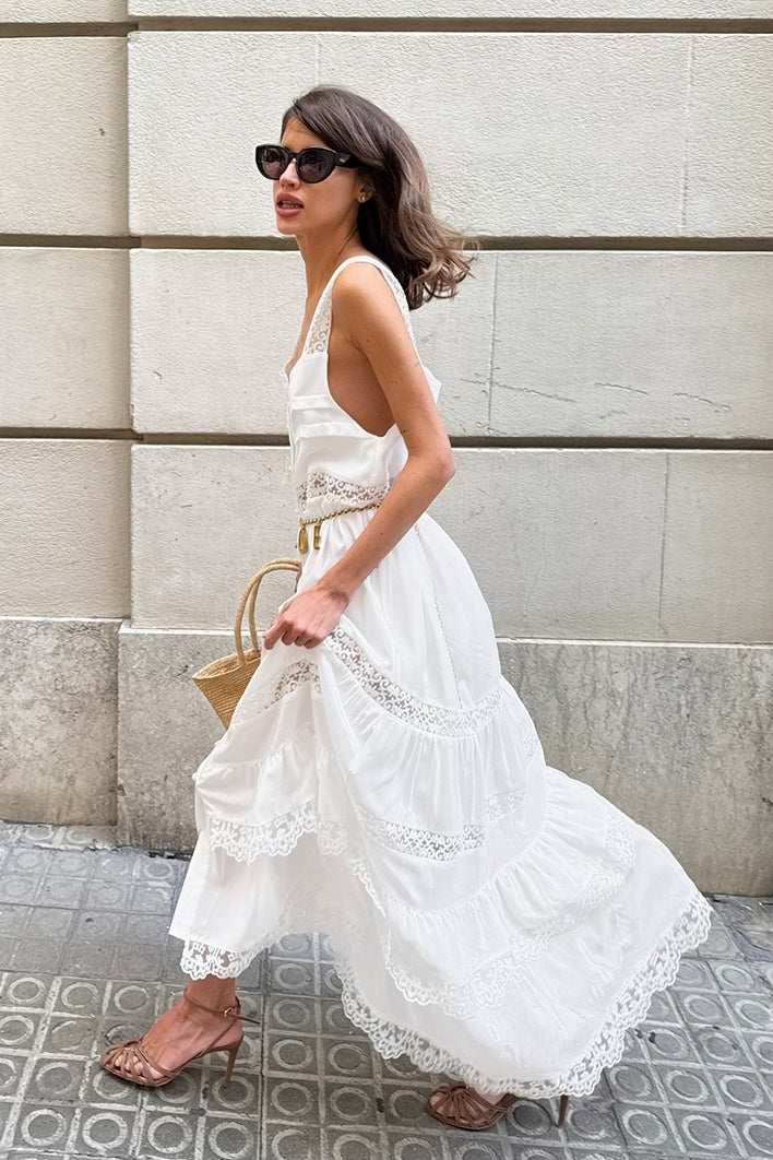 Damen Boho-Maxikleid – Romantisches Spitzenkleid mit Rüschen