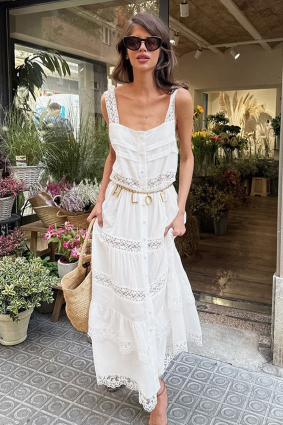 Damen Boho-Maxikleid – Romantisches Spitzenkleid mit Rüschen