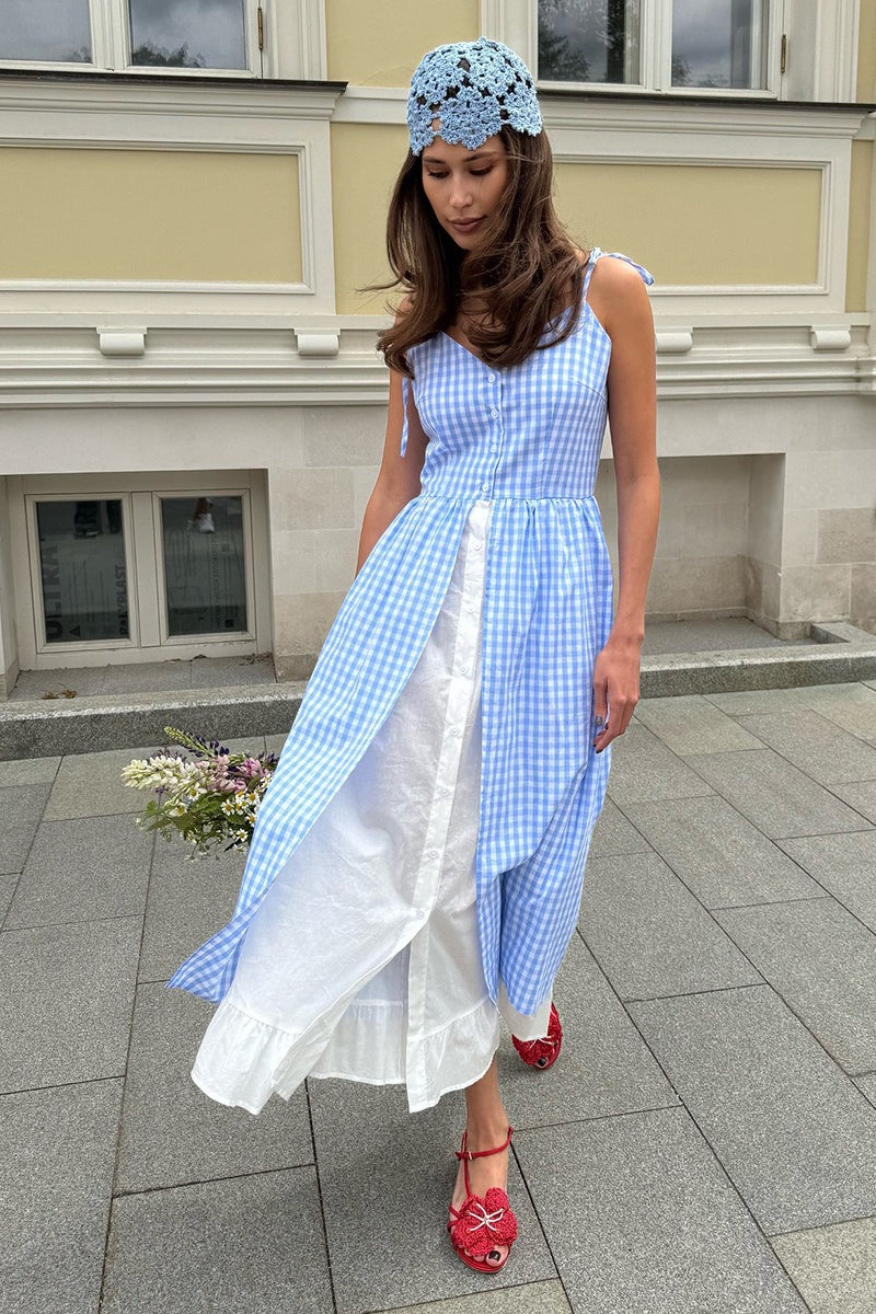 Karierte Midi-Spaghettiträgerkleid, Zweiteiliges Effekt, Mit Knöpfen