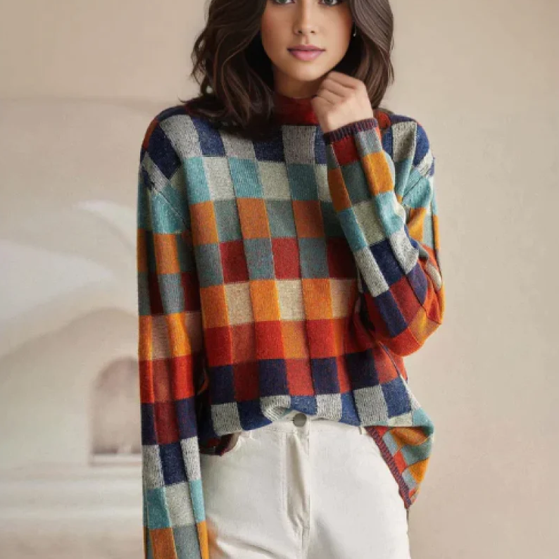 Damen Karierter Rollkragen-Pullover