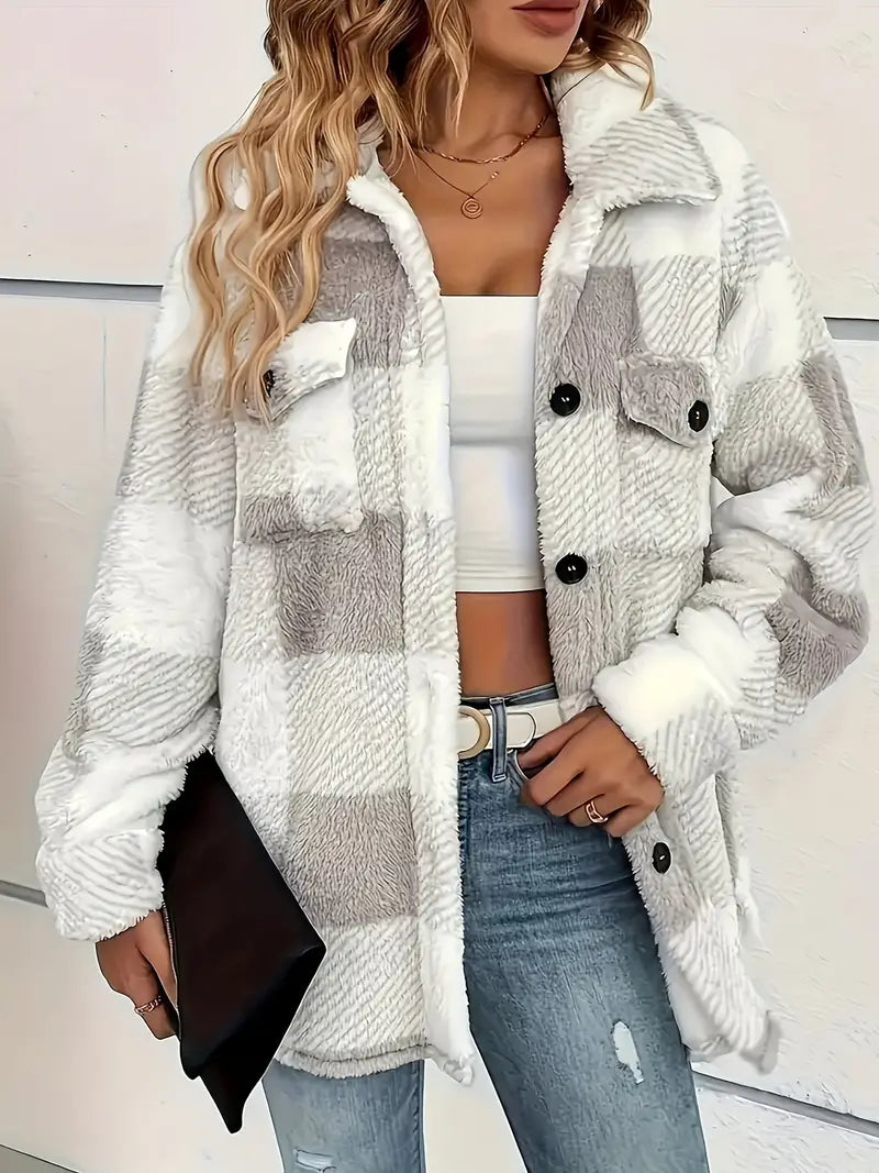 SANDRA - Plaid-Muster Knopf-Front Jacke