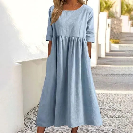 Charlotte - Baumwollkleid mit Rundhalsausschnitt und Taschen